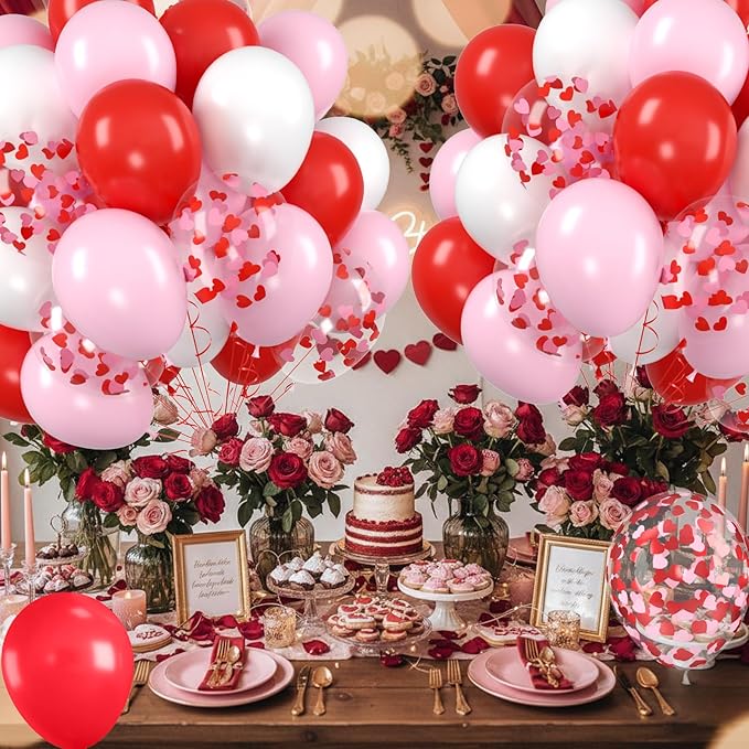 Red Pink White Balloons, Valentine's Day Balloon with Pink Heart Confetti Latex Balloons For Valentine Party Birthday Baby Shower Party Wedding Bridal Anniversary Engagement Decorations