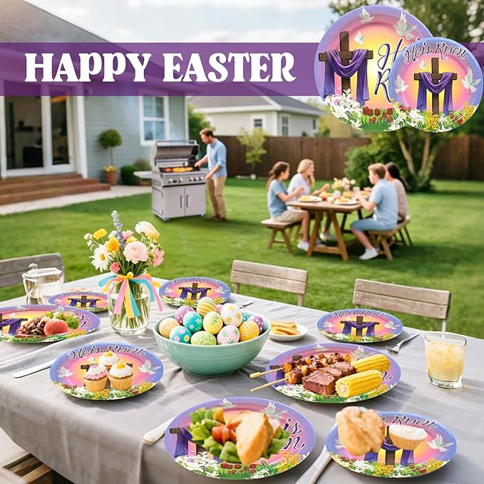 180Pcs Easter He is Risen Paper Plates and Napkins Set,Disposable Jesus Cross Lily Floral Easter Party Decorations for Religion Christ Party,Serve 60 Guests