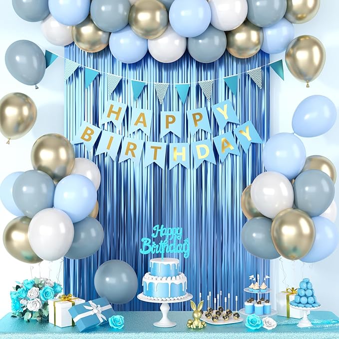 Blue Birthday Decorations, Dusty Blue Happy Birthday Party Decorations With Metallic Sand Gold Dusty Macaron Blue White Balloons Fringe Curtain Banner Cake Topper For Man Woman Party Supplies