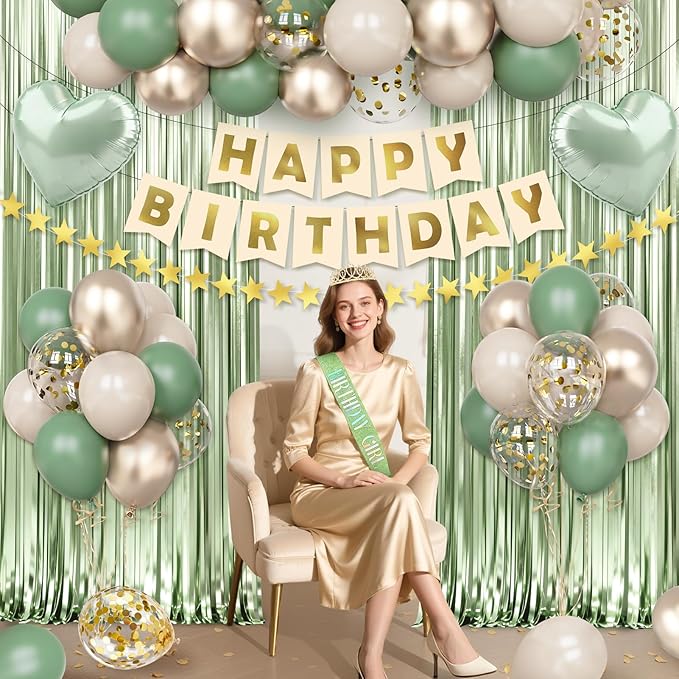 Sage Green Birthday Decorations for Women Girls, 44Pcs Nude Retro Green Party Supplies Include Birthday Girl Sash Crown Banner Fringe Curtain for Women Birthday Decorations