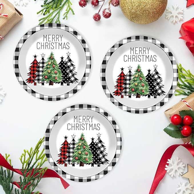 CHUNNIN 50Pcs Christmas Buffalo Plaid Tree Paper Plates 7 Inch Black White Table Decoration Merry Christmas Disposable Dinnerware Xmas Trees Tableware for Xmas Holiday Birthday Party Supplies
