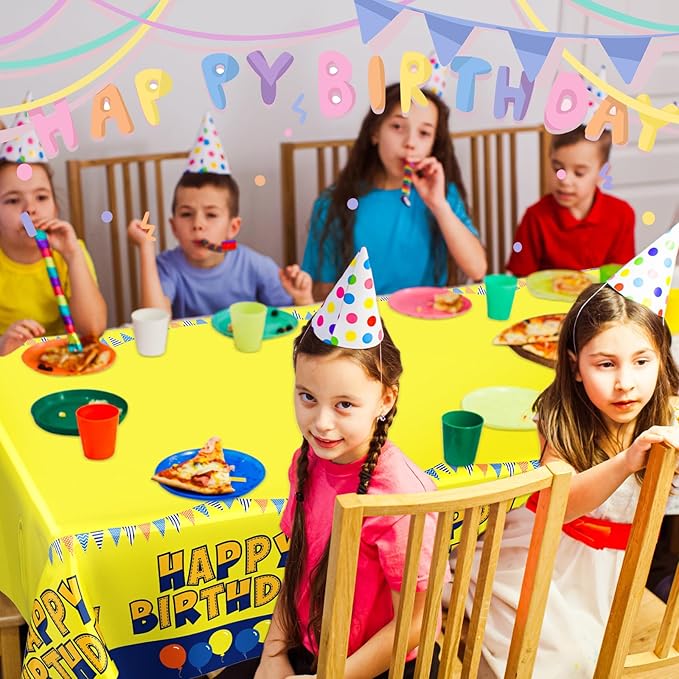 Oudain 2 Sheets Yellow Birthday Party Supplies Yellow Cartoon Tablecloth 54 x 108 Inch Plastic Table Covers for Birthday Party Decorations