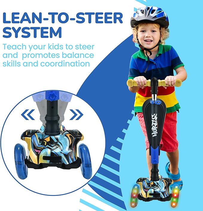 Hurtle 3-Wheeled Scooter for Kids - Wheel LED Lights, Adjustable Lean-to-Steer Handlebar, and Foldable Seat - Sit or Stand Ride with Brake for Boys and Girls Ages 1-14 Years Old