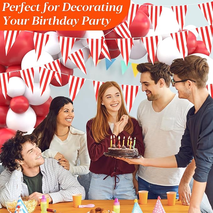 MAQIHAN Red & White Striped Pennant Banner - 98 Ft Triangle Banner Flags Carnival Circus Theme Party Decorations Supplies Triangle Bunting Flags for Carnival Circus Birthday Christmas Party Decorations Supplies