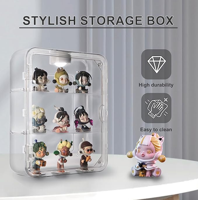 Clear Acrylic Display Case, Figures Display Box Wall Mounted with Lights for Pop Mart Funko Collectibles LEGO Minifigures Mini Action Figurines Mini Toys Pop,3 Tiers Detachable Desktop Dustproof