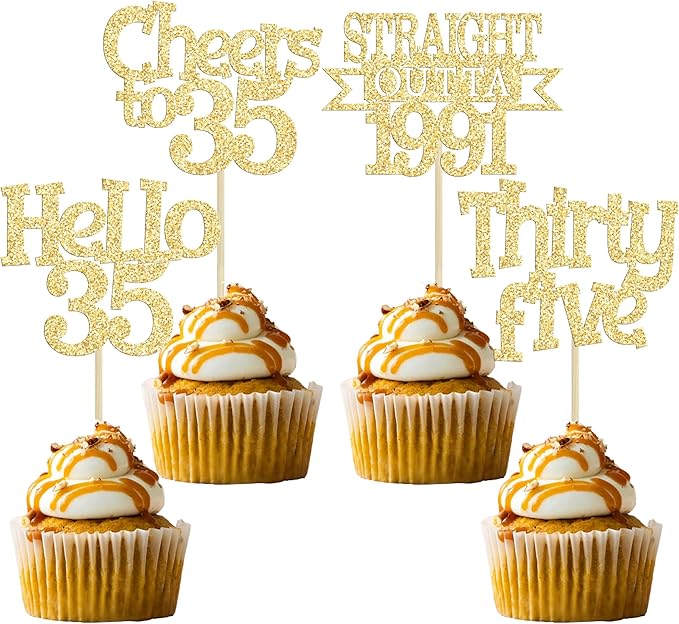 Ephlyn 24Pcs Happy 35th Birthday Cupcake Toppers Gold Thirty Five Cupcake Picks Hello 35 Cheers to 35 Years Birthday Cake Decorations for 35th Birthday Anniversary Party Decor Supplies