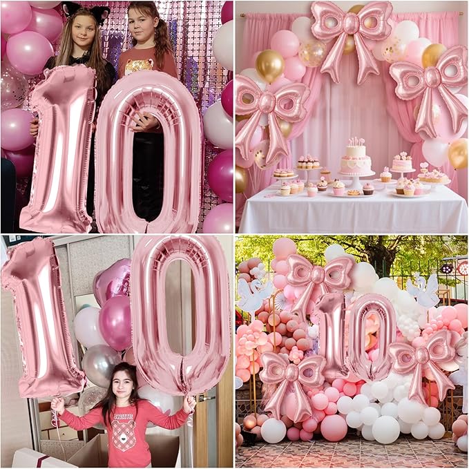 Bow Number 0 Birthday Balloons, 40”Pink Aluminum Foil Balloons Happy Birthday Balloon for Girl Birthday Party, Princess, Coquette Party Decorations Supplies