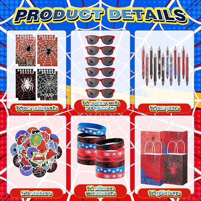 Vanblue 110Pcs Spider Party Favors Birthday Decorations Hero Theme Party Supplies,Spider Web Glasses,Gift Bags,Classroom Rewards Goodie Bag Stuffers,Piñata Fillers for Boys Movie Fans