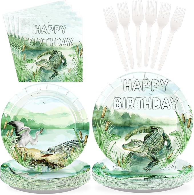 96Pcs Alligator Birthday Decorations Reptile Crocodile Alligator Plates and Napkins Watercolor Crocodile Birthday Decorations Favors for Kids Boys Reptile Bday Baby Shower Party Supplies Serves 24