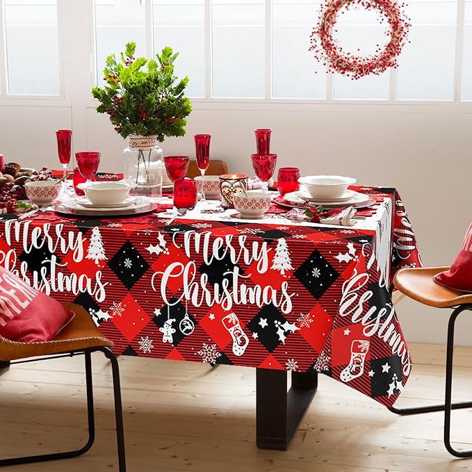3Pcs Christmas Buffalo Plaid Snowflake Tablecloth, 51 x 86 Inch Red and Black Checkered Plastic Table Cover for Winter Holiday, New Year, Christmas Party Decorations