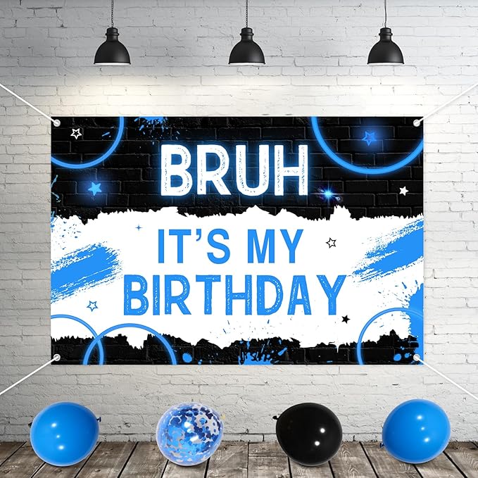 JOYMEMO Bruh It’s My Birthday Decorations Kit For Boy - Happy Birthday Bro Backdrop Banner, Bruh Cake topper and cupcake toppers, Blue and Black Teen Boy Birthday Party Supplies