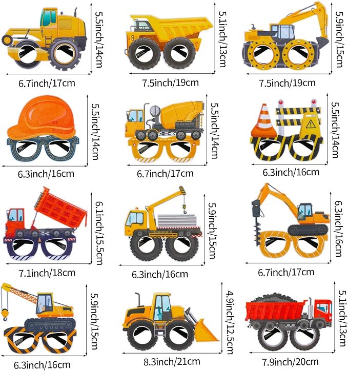 Construction Party Supplies 12PCS Construction Party Felt Glasses with Tractor Excavator Dump Truck Plastic Construction Toys Gift for Kids Toddlers Construction Birthday Party Decor Supplies