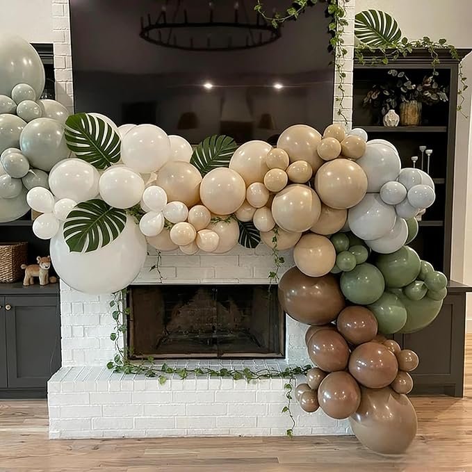 Woodland Balloons, 12 Inch Sage Green Brown and Sand White Balloon Double Stuffed Blue Balloon for Woodland Safari Jungle Forest Wild One Baby Shower Birthday Party Decorations
