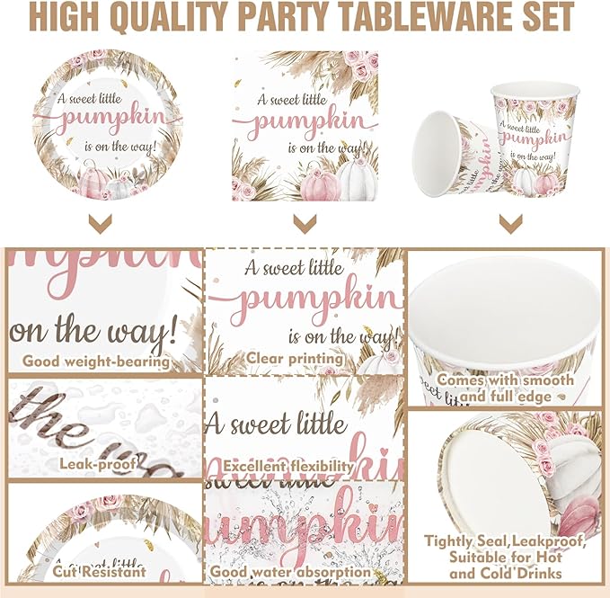 Hushee 200 Pcs Fall Boho Pumpkin Baby Shower Paper Plates Napkins Cups Baby Shower Party Supplies Tableware Set Disposable Cup Napkin for 50 Guest Party Decoration