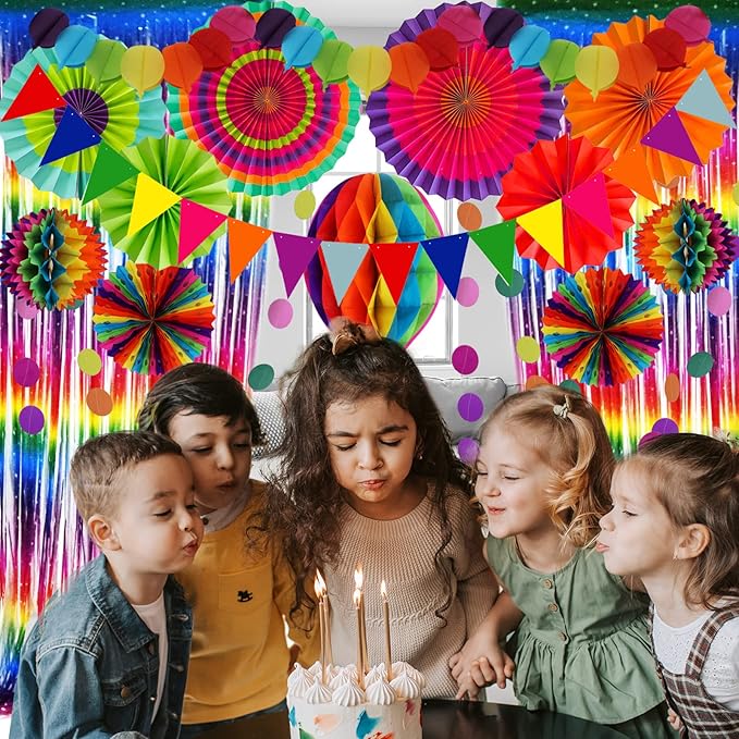 Party Decorations, Colourful Rainbow Foil Fringe Curtain Fiesta Hanging Paper Fans Pompoms Honeycomb Paper Hot air Balloon Garlands for Mexican Cinco De Mayo Taco Birthday Party Supplies