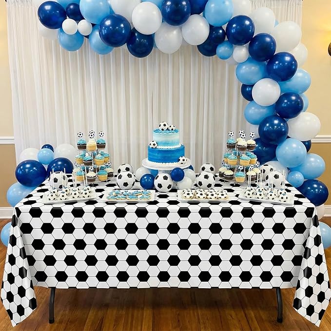 Oudain 6 Pcs Soccer Party Tablecloth 54 x 108 Inch Rectangle Football Table Cloth Disposable Plastic Sport Themed Table Covers for Soccer Day Birthday Party Supplies Favors (Black, White)