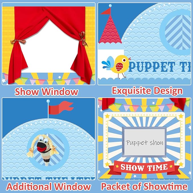 gisgfim Doorway Puppet Theater with 2 Adjustable Rods 31x67 In Blue Red Foldable Hanging Puppet Show Theater for Kids Pretend Play Hand Puppets Educational Kids Activities Toys Easy to Set Up Put Away