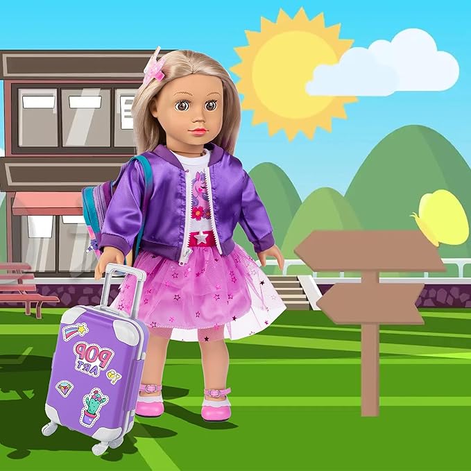 ebuddy 18 Inch Doll Clothes and Accessories School Supplies Playset and Makeup Accesscories Doll Travel Suitcase Set Including Coat,Dress,Suitcase,Hairpin,Hair Ring,Stickers,Makeup Set (No Doll)