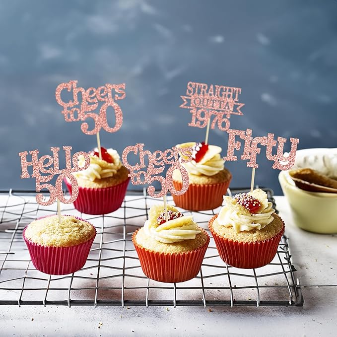 Ephlyn 24Pcs Happy 50th Birthday Cupcake Toppers Glitter Straight Outta 1976 Cupcake Picks Hello 50 Cheers to 50 Years Birthday Cake Decorations for 50th Birthday Anniversary Party Supplies Rose Gold