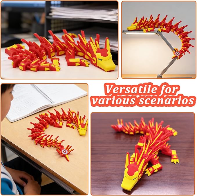 3D Printed Dragon,3D Printed Dragon Model,Flexible Articulated 3D Dragon Fidget Toy,Unique 3D Printed Animals Gift and Desktop Decoration (Red-10 inch).