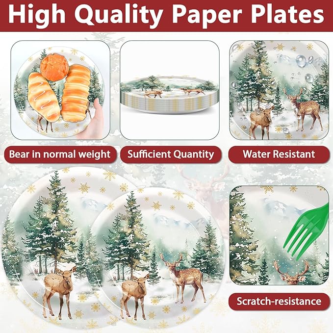 CHUNNIN 96Pcs Christmas Reindeer Paper Plates and Napkins Watercolor Deer Snow Pine Trees Snowflakes Party Decorations Winter Woodland Disposable Tableware for Xmas Holiday Birthday Party Supplies