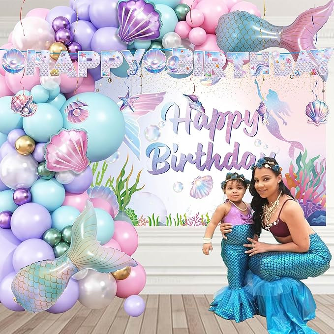 Mermaid Birthday Decorations, 213Pcs Mermaid Party Supplies Include Tablecloth, Plates, Napkins, Cups, Banner, Backdrop, Balloons, Hanging Swirls, Cake & Cupcake Toppers for Girls Birthday Party