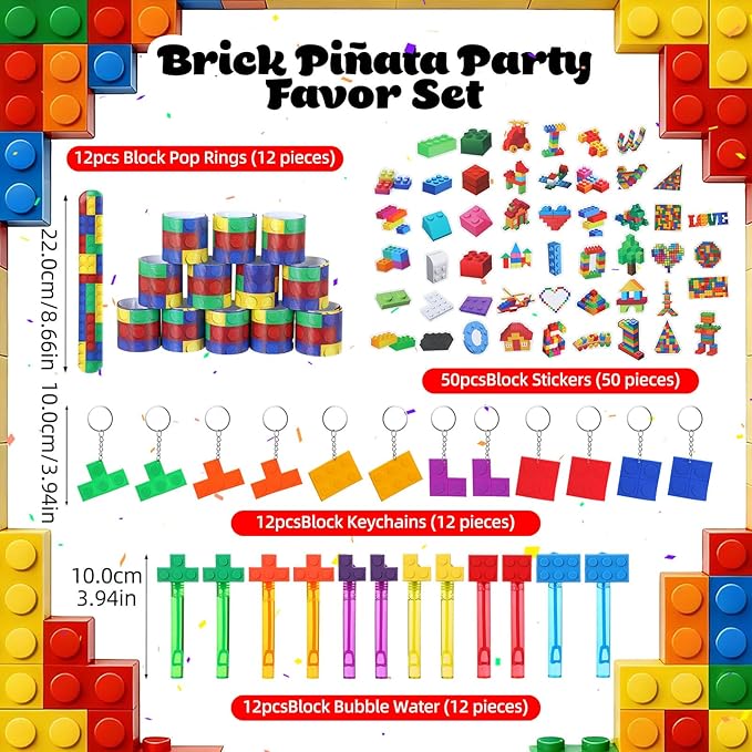 Birthday Building Block Piñata Set Heart Pull String Piñata Party Kit with Blindfold Hitting Stick Confetti Keychains Bubble Bottles Slap Bracelets Stickers for Carnival Party Favors