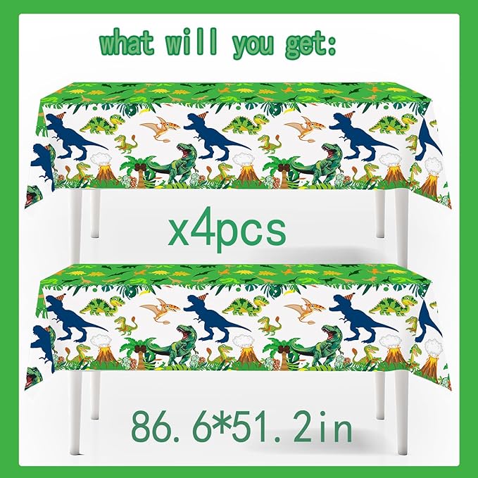 4ps Dinosuar Party Tablecloth Dinosaur Birthday Decorations Tablecover Jungle T-rex Dino Disposable Plastic Table Covers for Dino 1st 2nd 3rd 10th Bday Baby Shower Party Supplies Decor (Green Dino)
