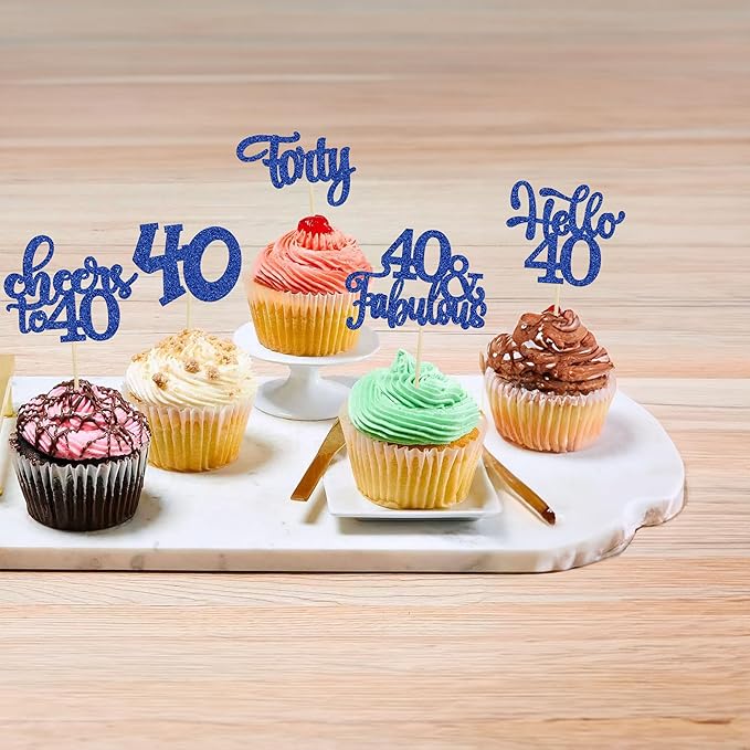 30pcs Happy 40th Birthday Cupcake Toppers - Deep Blue Glitter Forty Cheers to 40 Years Old Cupcake Picks for Anniversary Party Cake Decorations