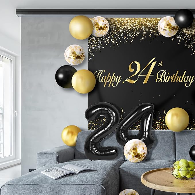 Happy 24th Birthday Balloons Black Set Decor - Cheers to 24 Years Old Party Theme Garland Banner Backdrop Decorations For Women and Men Supplies