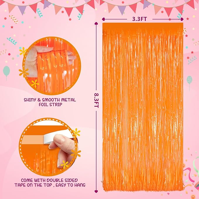 2PCS Macaron Orange Party Streamers 3.3x8.3Ft Foil Fringe Backdrop Curtains Tinsel Streamers Birthday Party Decorations Fringe for Graduation Wedding, Baby Shower Disco Party Anniversary Streamers