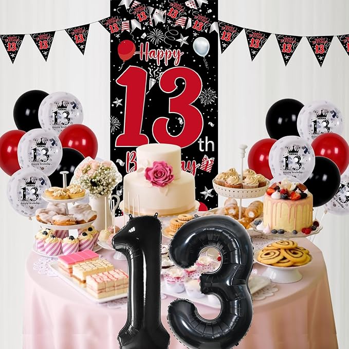 13th Birthday Decorations for Boys Girls, Red Black Happy 13th Birthday Door Banner Sign, Boy 13 Year Old Bday Party Decor Triangle Flag, Large 13 Balloons, Official 13 Teenager Decorations
