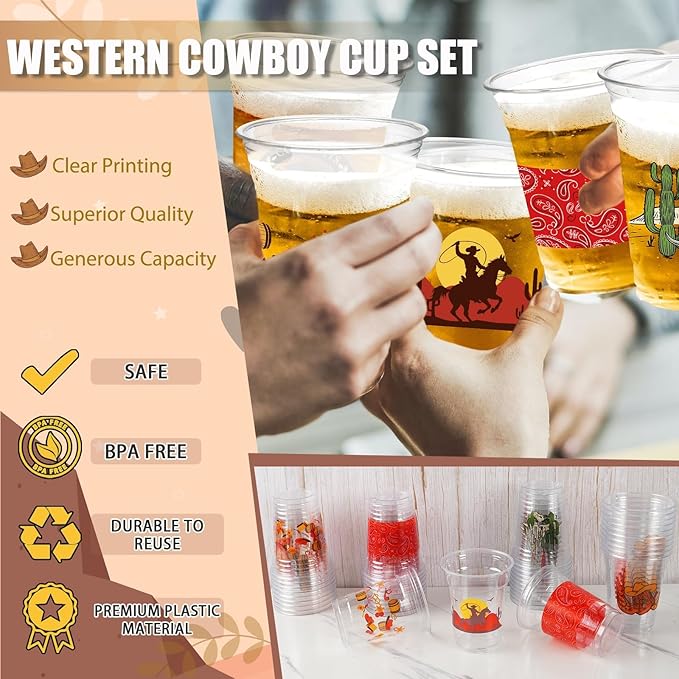 50Pcs Western Cowboy Plastic Cups,12 OZ Disposable Cowboy Themed Drinking Cups for Western Themed Parties, Tailgate Events,Christmas Wedding Birthday Rodeo Party Supplies Decorations Favors