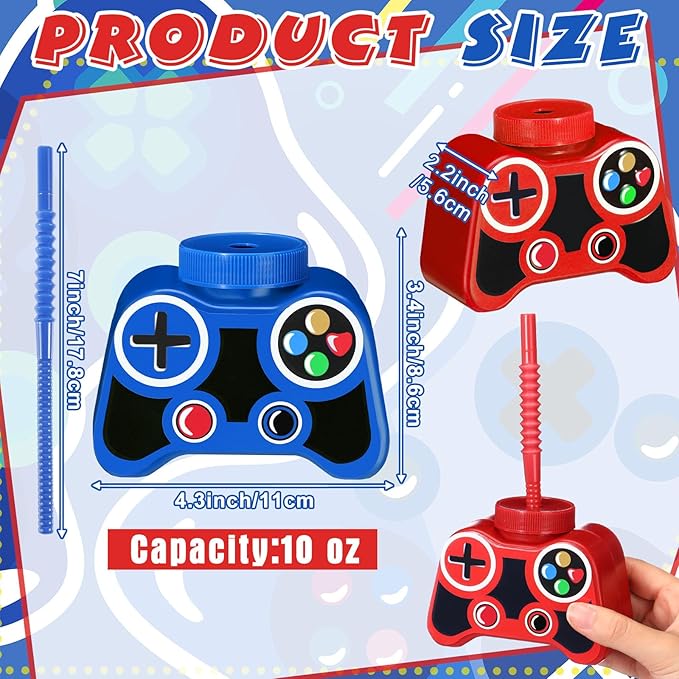 Mifoci 24 Pcs Plastic Video Game Party Cups with Straw and Lid 10oz Gamer Birthday Themed Drink Cups 7th Video Game Party Favors for Kids Toddlers Gamer Birthday Supplies (Classic Color)