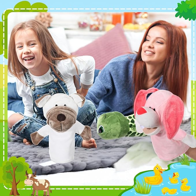 4 Pcs Hand Puppet Animal with Working Mouth 9.8 Inch Animal Puppet Soft Plush Toy for Storytelling Theater Preschool Birthday Gifts (Turtle, Rabbit, Pig, Dog)