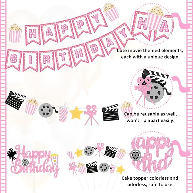 K KUMEED Happy Birthday Decorations,Movie Theme Party Decorations Pink Popcorn Camera Movie Theater Decorations Cute Cake Topper Latex Balloons for Birthday Party Movie Night Party Supplies Girls