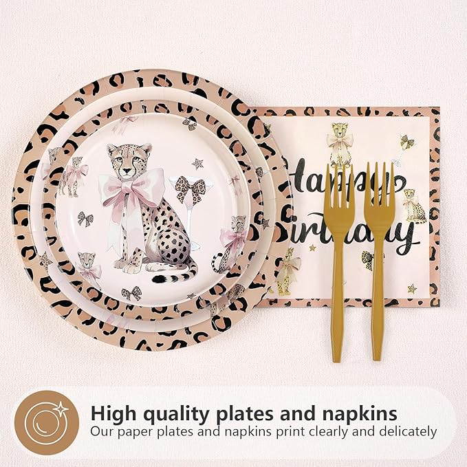 96 Pcs Cheetah Bow Birthday Decorations Leopard Print Plates and Napkins Disposable Pink Bow Cheetah Tableware Set for Girls Women Jungle Safari Animal Birthday Party Supplies Serves 24