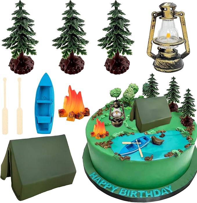 Morofme Camping Cake Decorations Tent Cake Topper Wilderness Forest Themed Cupcake Topper Boat Fireside Campfire Tree Cupcake Decor for Camping Theme Birthday Party Supplies