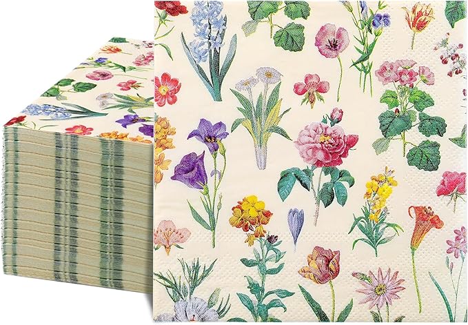 100 Pcs Floral Paper Napkins, 2-Ply Vintage Wildflower Cocktail Napkins Retro Decorative Decoupage Napkin Spring Dessert Beverage Napkin for Tea Party, Wedding, Birthday