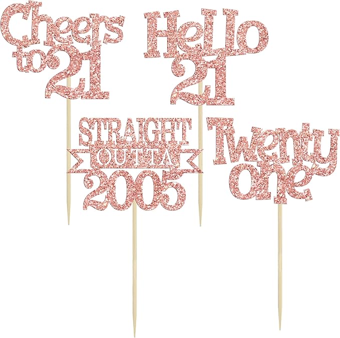 Ephlyn 24Pcs 21st Birthday Cupcake Toppers Glitter Straight Outta 2005 Cupcake Picks Hello 21 Cheers to 21 Years Cake Decorations for 21st Birthday Anniversary Party Decorations Supplies Rose Gold