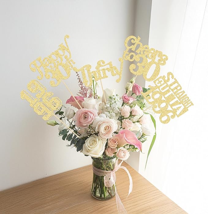 Gyufise 15Pcs Happy 30th Birthday Centerpiece Sticks Thirty Straight Outta 1996 Table Flower Centerpieces Sticks Cheers to 30 Decorations for 30th Birthday Party Supplies Gold