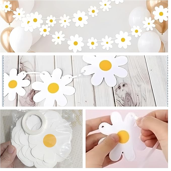 4 Packs Daisy Banner Garland Groovy Hippie Boho Birthday Decor Daisy Party Decoration Spring Flower Hanging Banner Daisy Paper Cutouts for Girl Birthday Supplies
