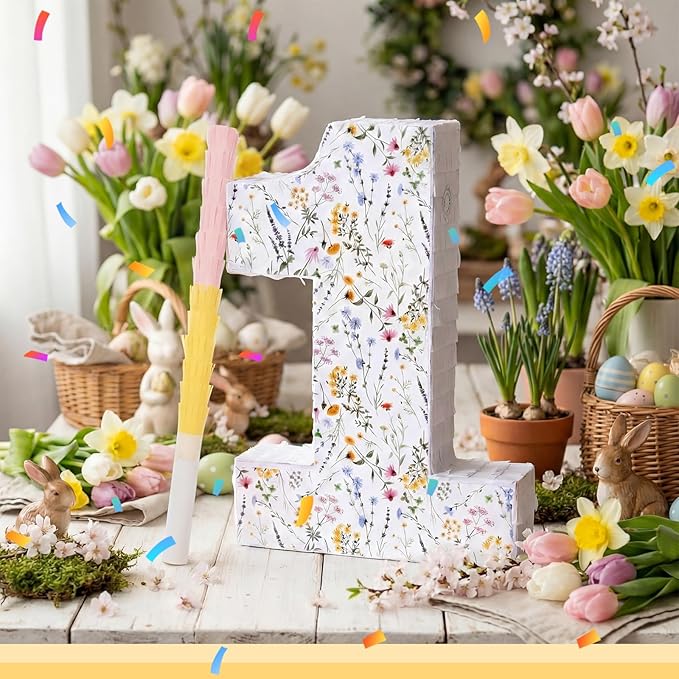 Wildflower Number Pinata Birthday Decorations Spring Floral Pinata with Stick Blindfold Confetti for Birthday Party Supplies Baby Shower Decor (Number 1)