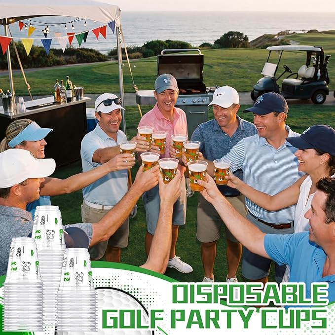 Qinyoung 50 Pcs Golf Party Supplies Bulk Clear Plastic Cups 12oz Disposable Let's Par-tee for Home Sports Golf Ball Themed Birthday Bachelor Party Supplies Favors (Black,White,Green)