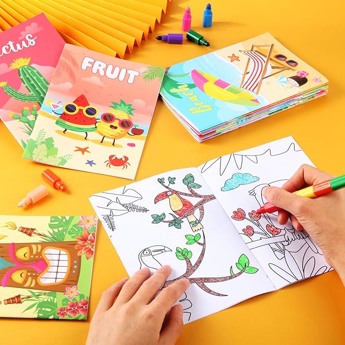 BenLouis 24 Pcs Summer Mini Coloring Books Kids Pool Beach Party Favors Small Activity Books Bulk for Kids Summer Hawaii Birthday Goodie Bags Stuffers Return Gifts Classroom Travel