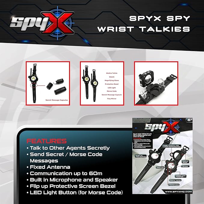 SpyX / Spy Wrist Talkies. 8-1 Multifunctional Walkie Talkies Toy Spy Watch for Kids. Hands-Free Two-Way Radio Spy Gadget Watch for Junior Secret Agent / Ninja Spy. 2-Pack