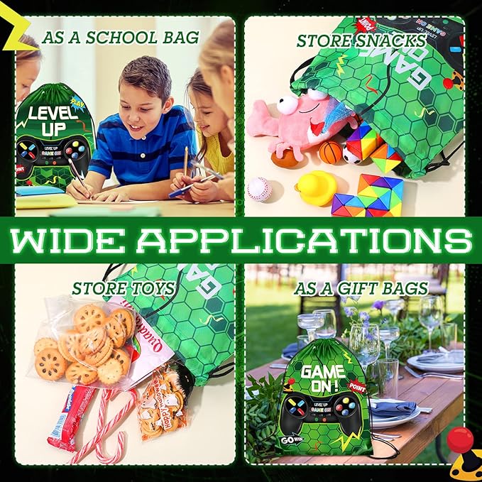 Eccliy 20 Pcs Video Game Party Favor Bags Gamer Birthday Party Drawstring Bags for Kids Boys Girls 12 x 10 Inch Gaming Goodie Treat for Game on Theme Decorations Supplies(Green,Fresh Style)