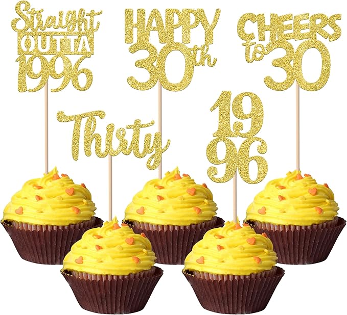 30PCS Straight Outta 1996 Cupcake Toppers Gold Glitter Thirty Happy 30th Birthday Cupcake Picks Cheers to 30 Years Cake Decorations for 30th Birthday Anniversary Party Decoration Supplies