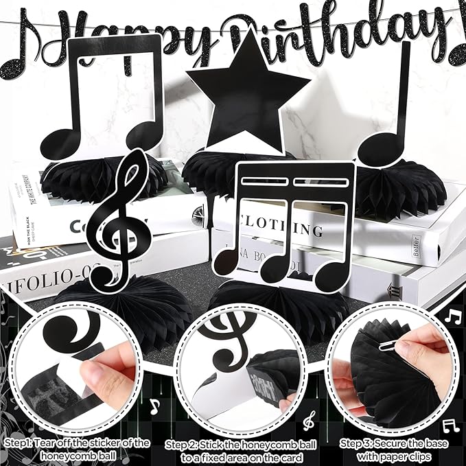 Music Party Decorations Black Musical Note Happy Birthday Bunting Banner Notes Tablecloth and 5Pcs Table Honeycomb Centerpieces Decor for Girls Kids Adults Music Themed Birthday Wedding Party Supplies