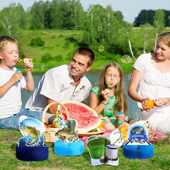 Sureio 9 Pcs Fishing Table Centerpiece Fishing Party Decorations gone Fish Table Decor 3D Paper Signs Honeycomb Fish Birthday Party Supplies for Baby Shower Retirement Theme Father's Day
